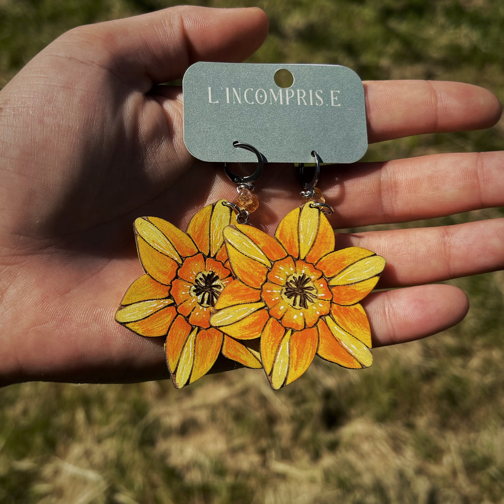 Boucles d’oreilles pendantes - Jonquilles et ambre