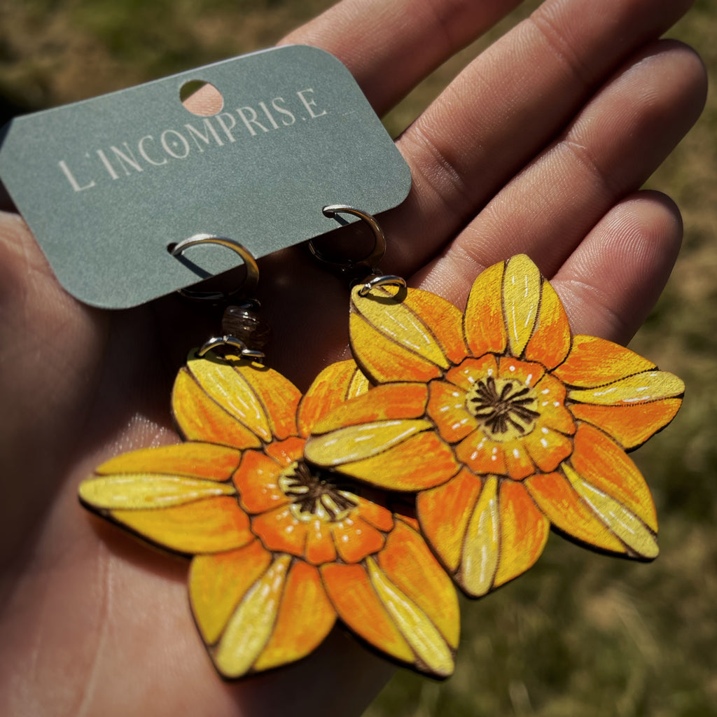 Boucles d’oreilles pendantes - Jonquilles et ambre
